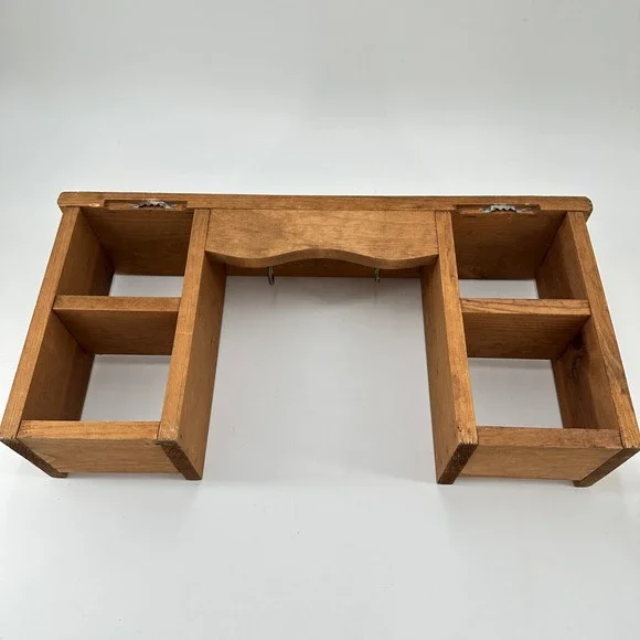 VTG Handmade Rustic Wooden Wall Shelf with 4 Cubbies and 2 Brass Key Hooks Brown - Picture 7 of 10